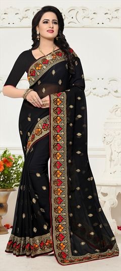 Traditional Black and Grey color Saree in Georgette fabric with Classic Embroidered, Resham, Thread, Zari work : 1514892