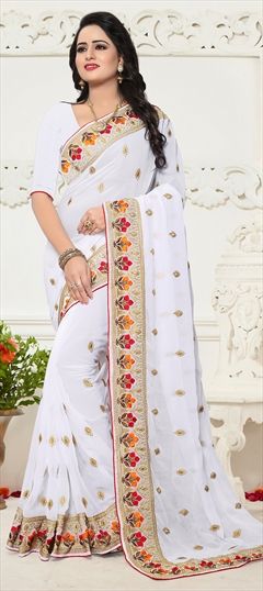 Party Wear White and Off White color Saree in Georgette fabric with Embroidered, Resham, Thread, Zari work : 1514894