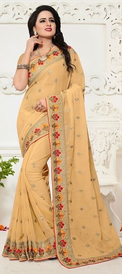 Party Wear Beige and Brown color Saree in Georgette fabric with Embroidered, Resham, Thread, Zari work : 1514898