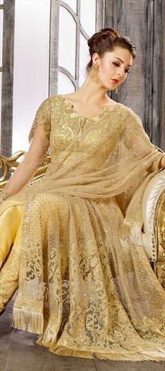 1515944: Mehendi Sangeet Gold color Salwar Kameez in Net fabric with Slits Embroidered, Sequence, Stone, Thread work