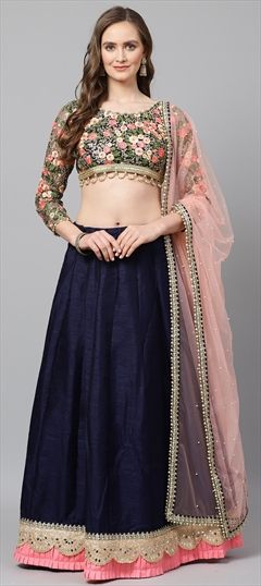 Mehendi Sangeet Blue color Lehenga in Art Silk fabric with Lace, Mirror, Thread work : 1515973