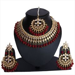 1516047: Red and Maroon color Necklace in Metal Alloy studded with Beads, Kundan & Gold Rodium Polish