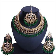 1516096: Green color Necklace in Metal Alloy studded with Beads, Kundan & Gold Rodium Polish