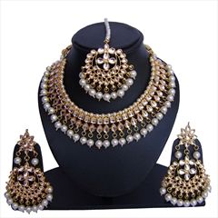 1516099: White and Off White color Necklace in Metal Alloy studded with Beads, Kundan & Gold Rodium Polish