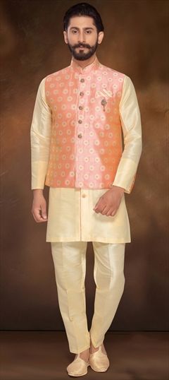 1516584: Beige and Brown color Kurta Pyjama with Jacket in Dupion Silk fabric with Broches work