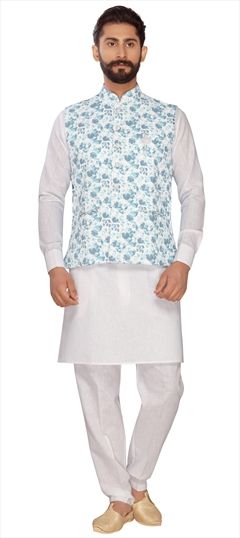 1516604: White and Off White color Kurta Pyjama with Jacket in Linen fabric with Printed work