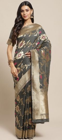 Traditional Black and Grey color Saree in Banarasi Silk, Silk fabric with Weaving work : 1516817