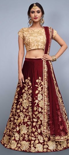 Mehendi Sangeet Red and Maroon color Lehenga in Semi Velvet fabric with Embroidered, Resham, Sequence, Thread work : 1517304