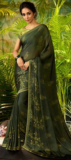 Casual Green color Saree in Georgette fabric with Classic Printed work : 1517644