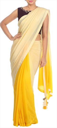 Party Wear Beige and Brown, Yellow color Saree in Georgette fabric with Classic Thread work : 1517872