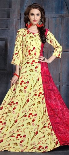 1519026: Casual Red and Maroon, Yellow color Kurti in Rayon fabric with Printed work
