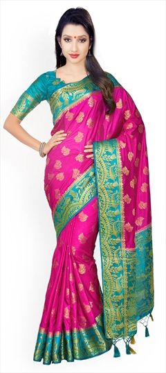 Traditional Pink and Majenta color Saree in Kanchipuram Silk, Silk fabric with Thread, Zari work : 1519249