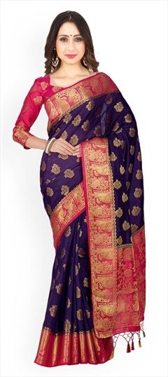 Traditional Purple and Violet color Saree in Kanchipuram Silk, Silk fabric with Thread, Zari work : 1519274