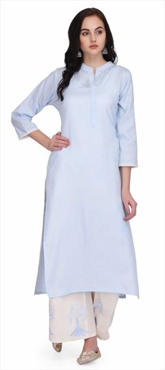 1521501: Casual Blue color Tunic with Bottom in Cotton fabric with Embroidered, Resham, Thread work