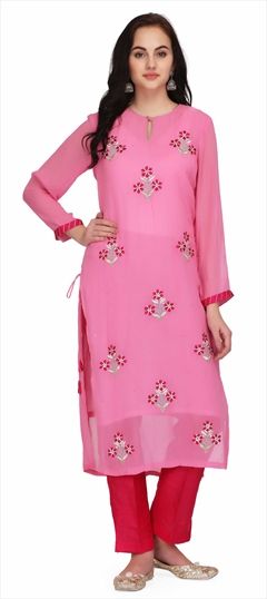 1521506: Casual Pink and Majenta color Tunic with Bottom in Georgette fabric with Embroidered, Resham, Thread work