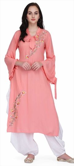 1521508: Casual Pink and Majenta color Tunic with Bottom in Rayon fabric with Embroidered, Resham, Thread work