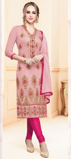1522723: Casual Pink and Majenta color Salwar Kameez in Cotton fabric with Straight Embroidered, Resham, Thread work