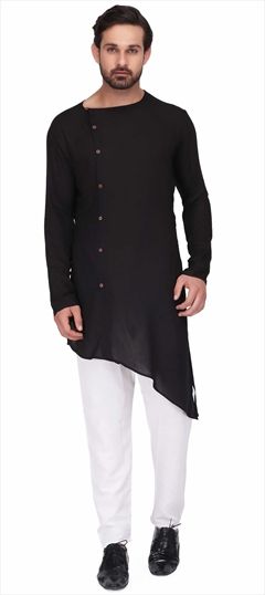 1523120: Black and Grey color Kurta Pyjamas in Rayon fabric with Thread work