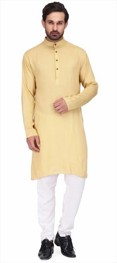 1523126: Yellow color Kurta Pyjamas in Rayon fabric with Thread work
