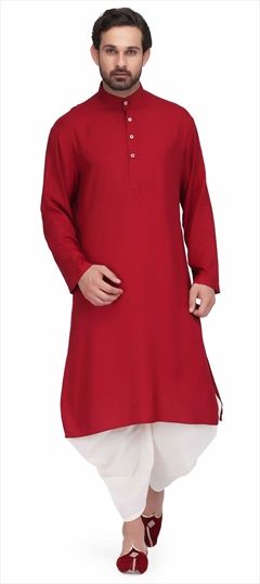 1523179: Red and Maroon color Dhoti Kurta in Rayon fabric with Thread work