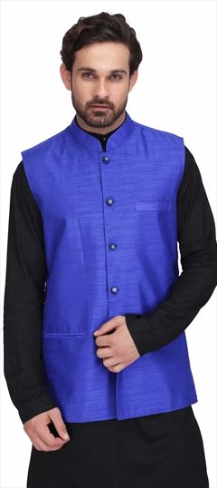 1523495: Blue color Nehru Jacket in Art Silk fabric with Thread work