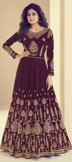 1523711: Party Wear Purple and Violet color Salwar Kameez in Raw Silk fabric with Abaya, Anarkali Embroidered, Resham, Stone, Thread, Zari work