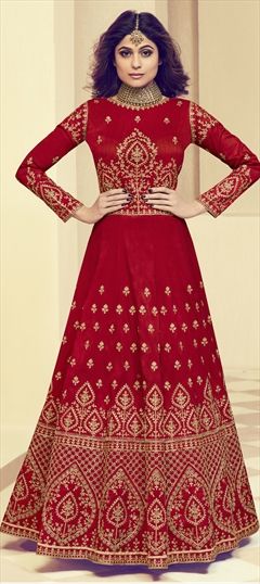 1523715: Party Wear Red and Maroon color Salwar Kameez in Raw Silk fabric with Abaya, Anarkali Embroidered, Stone, Thread, Zari work
