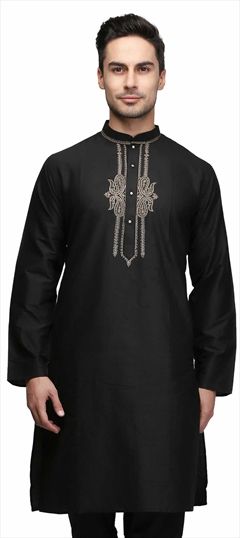 1523853: Black and Grey color Kurta in Cotton fabric with Embroidered, Thread work