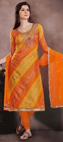 Festive Orange, Yellow color Salwar Kameez in Chanderi Silk fabric with Straight Bandhej, Embroidered, Gota Patti, Thread work : 1523868