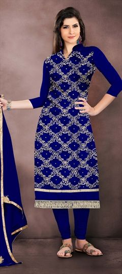 1523897: Party Wear Blue color Salwar Kameez in Chanderi Silk fabric with Straight Embroidered, Gota Patti, Thread, Zari work