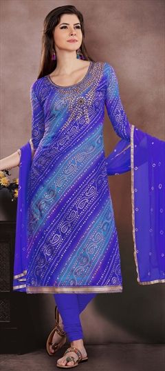 Festive Blue color Salwar Kameez in Chanderi Silk fabric with Straight Bandhej, Embroidered, Gota Patti, Thread, Zari work : 1523922