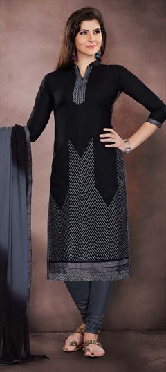 1523938: Party Wear Black and Grey color Salwar Kameez in Chanderi Silk fabric with Straight Embroidered, Thread, Zari work