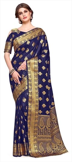 Traditional Blue color Saree in Kanchipuram Silk, Silk fabric with Weaving work : 1524011