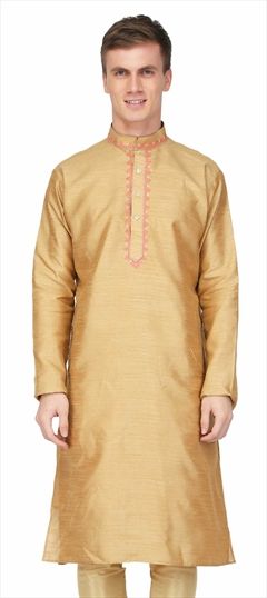1524045: Gold color Kurta in Raw Silk fabric with Embroidered, Thread work