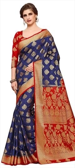 Traditional Blue color Saree in Kanjeevaram Silk, Silk fabric with Weaving work : 1524048