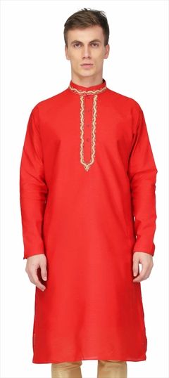 1524050: Red and Maroon color Kurta in Raw Silk fabric with Embroidered, Thread work