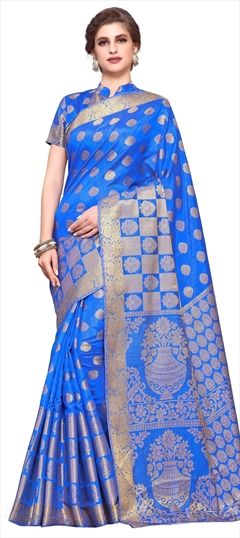 1524061: Traditional Blue color Saree in Kanjeevaram Silk, Silk fabric with Weaving work