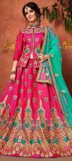 1524080: Mehendi Sangeet Pink and Majenta color Long Lehenga Choli in Silk fabric with Bugle Beads, Embroidered, Resham, Stone, Thread, Zari work
