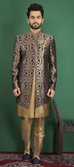 Blue, Gold color IndoWestern Dress in Brocade, Jacquard fabric with Embroidered, Thread work : 1524150