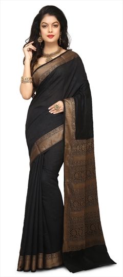 1525513: Traditional Black and Grey color Saree in Banarasi Silk, Silk fabric with Weaving work