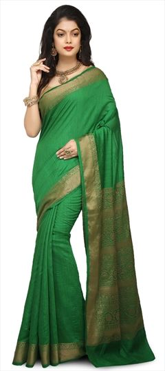 1525516: Traditional Green color Saree in Banarasi Silk, Silk fabric with Weaving work
