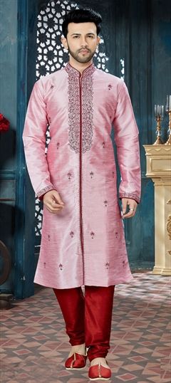 1525781: Pink and Majenta color Kurta Pyjamas in Art Dupion Silk fabric with Embroidered, Stone, Thread work