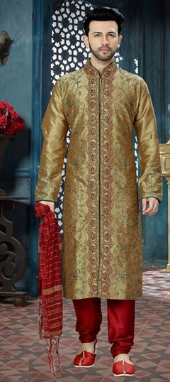 1525783: Beige and Brown color Kurta Pyjamas in Art Dupion Silk fabric with Embroidered, Stone, Thread work