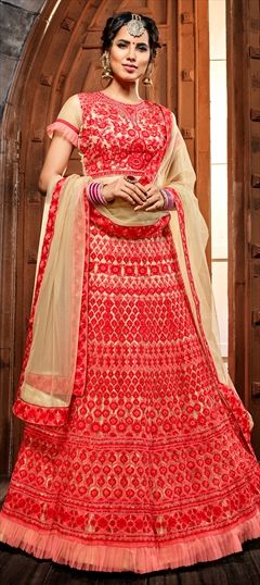 1525866: Mehendi Sangeet Beige and Brown, Red and Maroon color Lehenga in Net fabric with Embroidered, Resham, Stone, Thread work