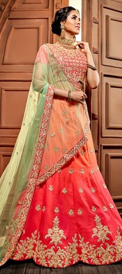 1525870: Mehendi Sangeet Orange color Lehenga in Silk fabric with Embroidered, Patch, Thread, Zari work