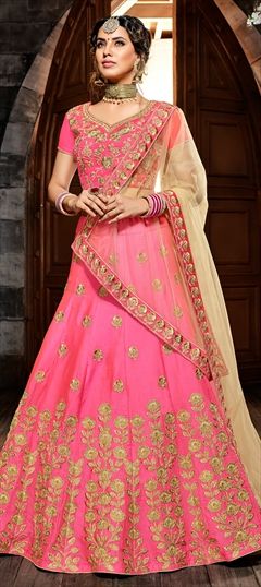 1525875: Mehendi Sangeet Pink and Majenta color Lehenga in Silk fabric with Embroidered, Patch, Sequence, Thread, Zari work