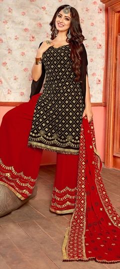 1525880: Wedding Black and Grey color Salwar Kameez in Georgette fabric with Palazzo Gota Patti work