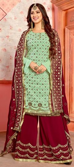 1525883: Wedding Green color Salwar Kameez in Georgette fabric with Palazzo Gota Patti work