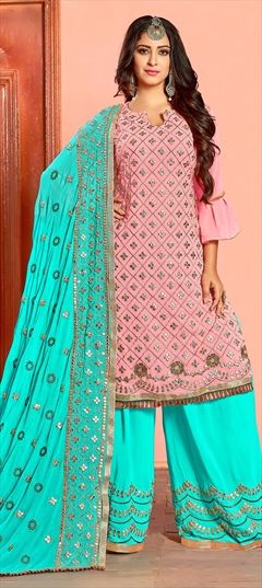 1525885: Wedding Pink and Majenta color Salwar Kameez in Georgette fabric with Palazzo Gota Patti work
