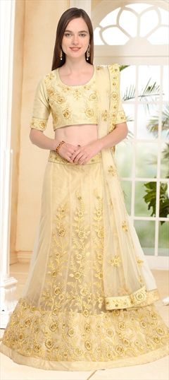 1526032: Wedding Beige and Brown color Lehenga in Net fabric with Embroidered, Stone, Thread, Zari work